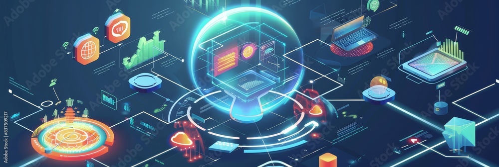 Obraz premium Futuristic Digital Technology Concept with Holographic Interface, Data Visualization, and Network Connections in a High-Tech Environment