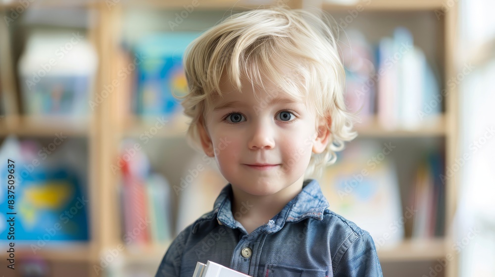 Young blond boy at library with books - Cute young boy with blond hair and blue eyes holding books in a library setting, curious expression Young blond boy at library with books - Cute young boy with blond hair and blue eyes holding books in a library setting, curious expression