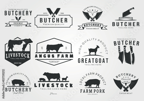 package of logo farm and butcher vector vintage illustration design