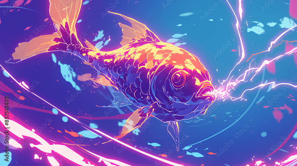 Fototapeta premium a fish shoots electricity, cool pose, cute kawaii