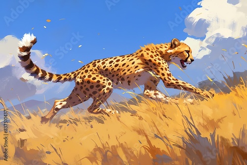 Super cute illustration of a cheetah sprinting, vibrant colors, soft focus, detailed fur texture, happy and playful mood photo