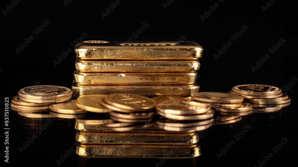 Wealth and Luxury - Stack of Gold Bars and Coins on Black Reflective Surface Wealth and Luxury - Stack of Gold Bars and Coins on Black Reflective Surface