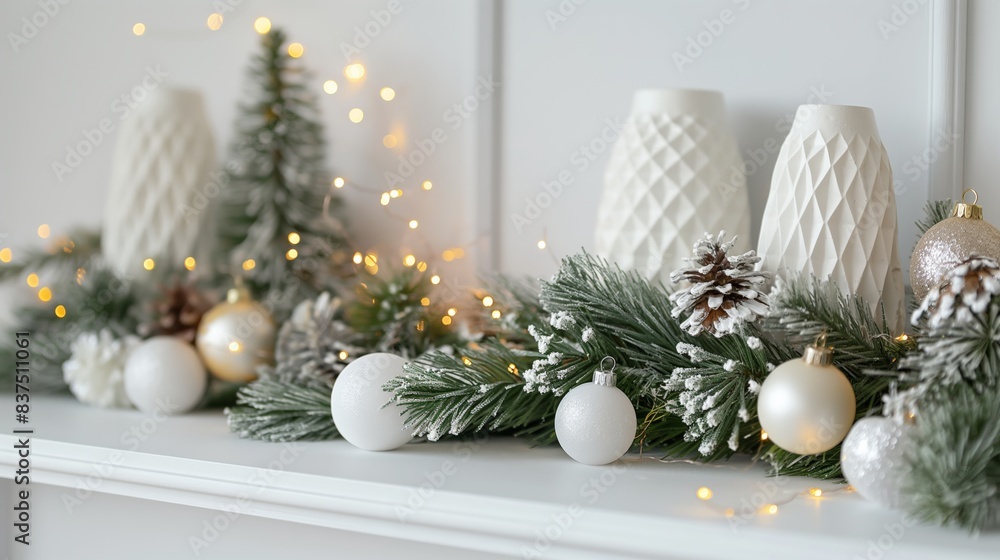 Minimalistic garland setup featuring twinkling lights and simple decorations, presented in a bright and clean design, isolated on a white background. Perfect for showcasing festive holiday decor and m Minimalistic garland setup featuring twinkling lights and simple decorations, presented in a bright and clean design, isolated on a white background. Perfect for showcasing festive holiday decor and m