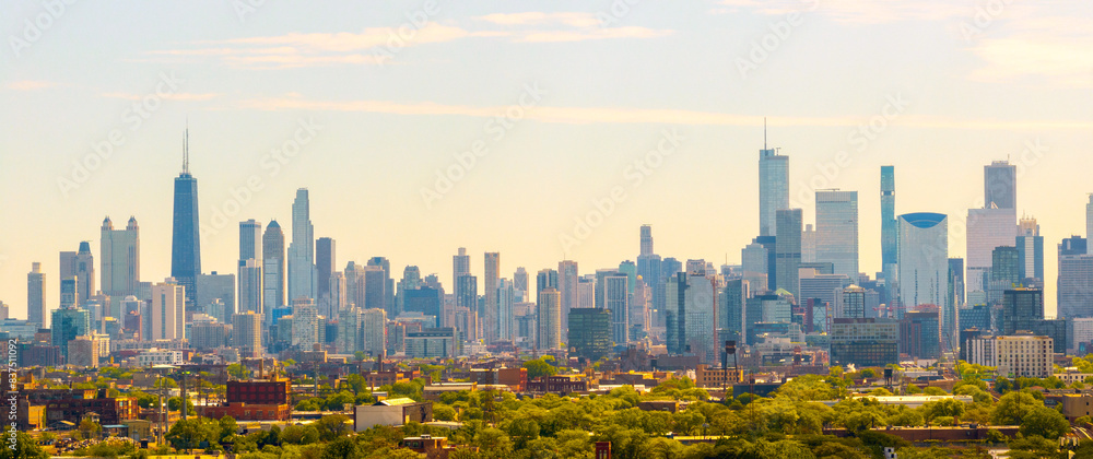 Fototapeta premium Skyline Serenity: Aerial Perspective of Chicago” or “Golden Horizon: Chicago’s Skyline from Above”