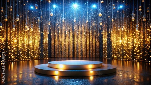 Luxurious dark gold confetti and bokeh decorate an empty blue-lit stage with a podium, minimalistic lights, and shiny sequin garlands, evoking a creative dancefloor ambiance.