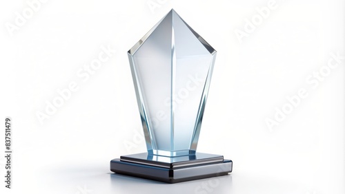 Elegant transparent crystal glass trophy with arrow-shaped top, isolated on white background, premium 3d mockup design, empty prize plate, luxurious award template.