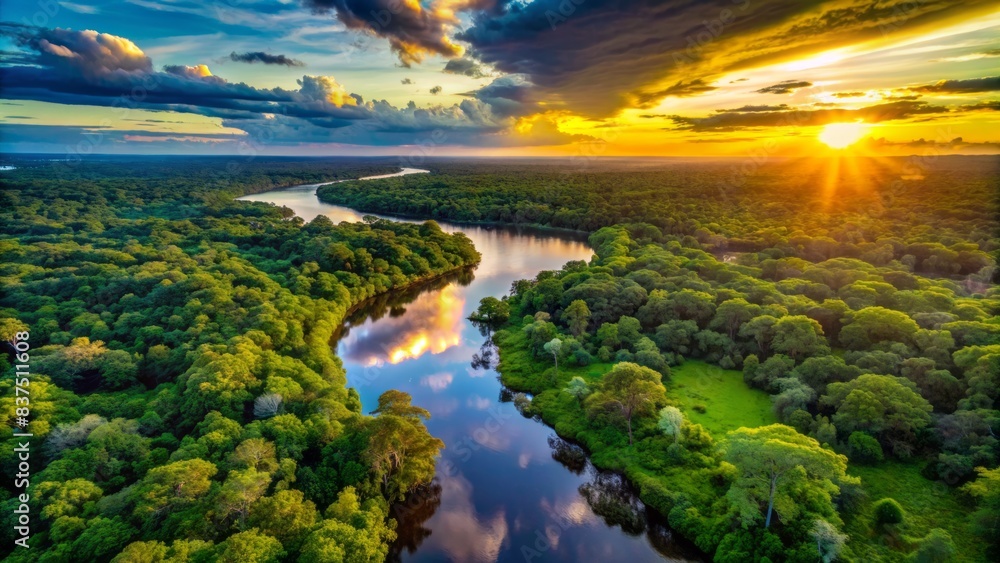Vibrant aerial view of amazon rainforest's lush green canopy, majestic river, and serene landscape at sunset, showcasing nature's splendor in brazil's amazonia. Vibrant aerial view of amazon rainforest's lush green canopy, majestic river, and serene landscape at sunset, showcasing nature's splendor in brazil's amazonia.