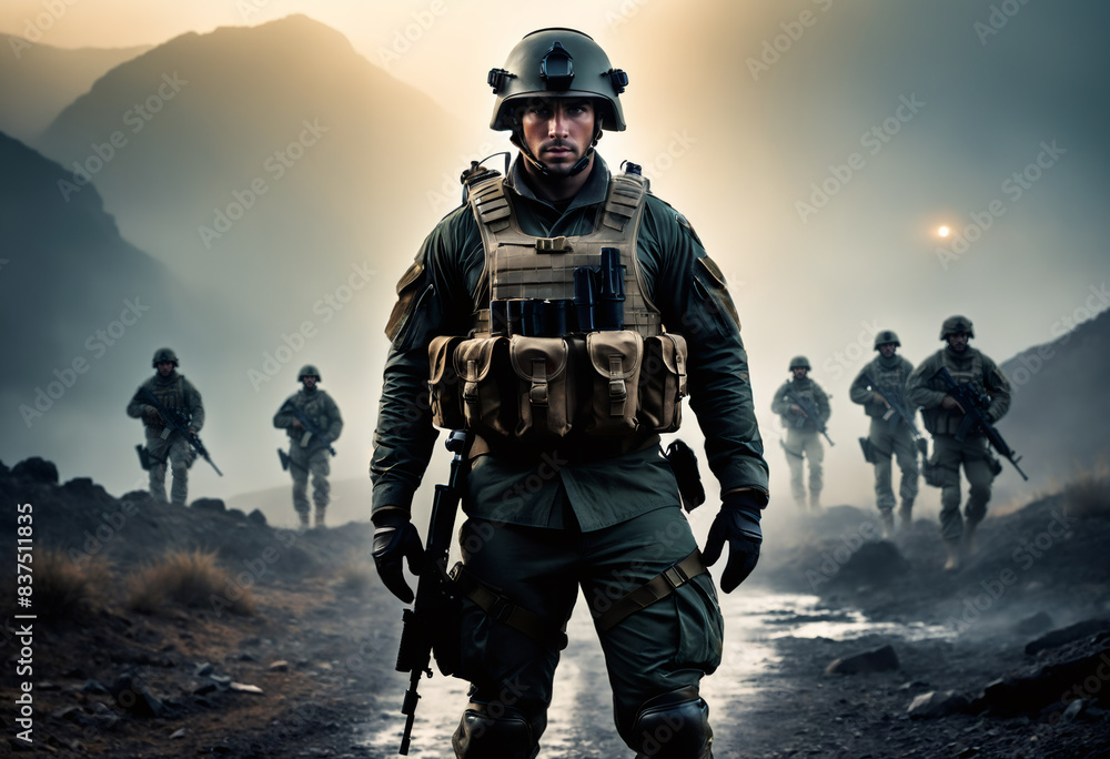 A team of heavily armed and armored special forces soldiers. Security, defense, or action themes. Elite Forces on Covert Mountain Patrol Mission A team of heavily armed and armored special forces soldiers. Security, defense, or action themes. Elite Forces on Covert Mountain Patrol Mission