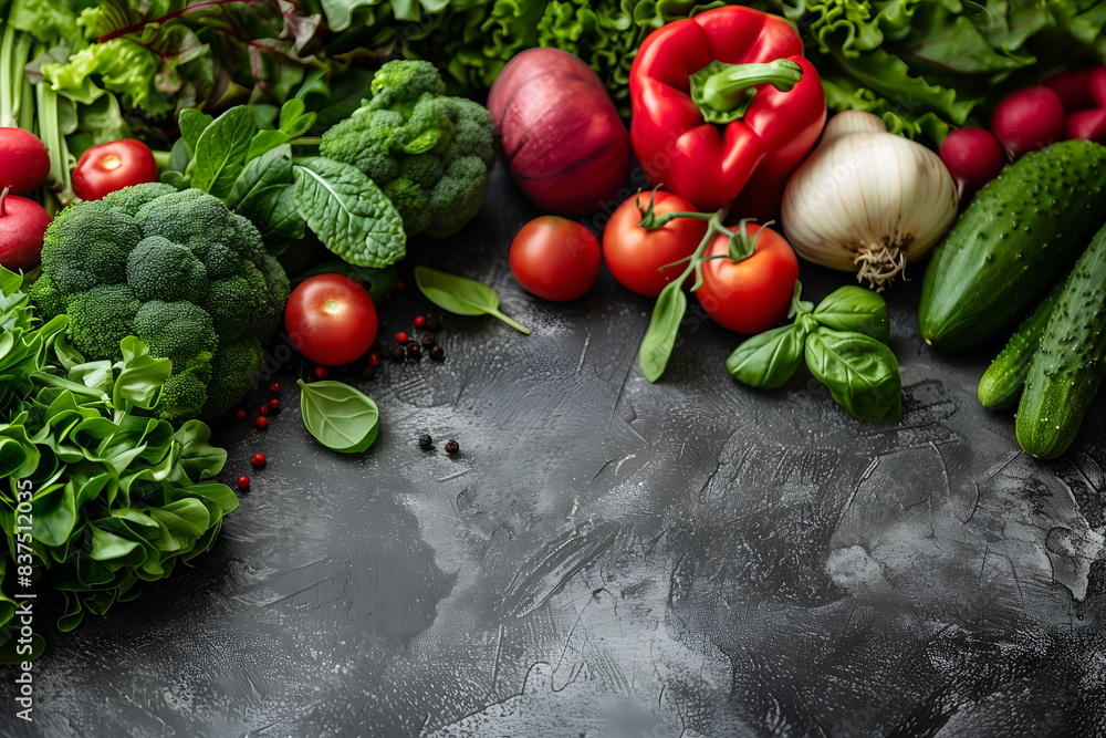 Fresh organic farm produce in soft focus on textured gray surface with copy spaces, view from above. Tomatoes, cucumbers, onions, bell peppers, radishes, broccoli, greens. Organic produce concept Fresh organic farm produce in soft focus on textured gray surface with copy spaces, view from above. Tomatoes, cucumbers, onions, bell peppers, radishes, broccoli, greens. Organic produce concept