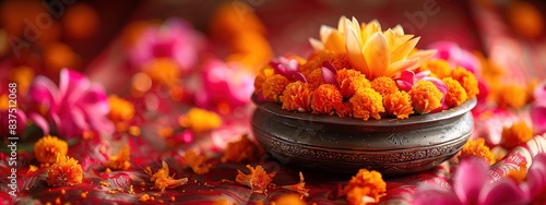 Indian traditional carved copper bowl filled with flowers: marigolds, gerbera, calendula. Pink and orange flowers all around. Banner with copy space. Indian culture holiday concept, Diwali celebration photo