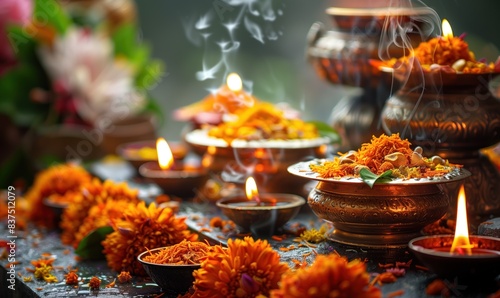 Carved copper bowls filled with turmeric powder, orange gerbera and marigold flowers, lit candles, with copy space. Concept of Indian puja, celebration of Ekadashi, Diwali, Indian New Year photo