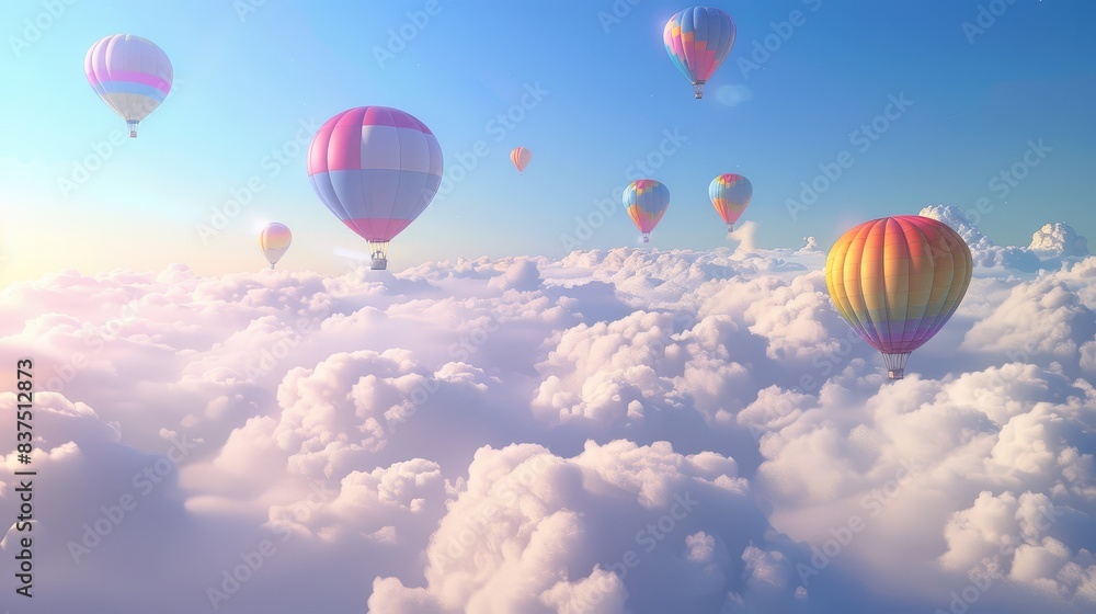 Fototapeta premium Hot air balloons catching the golden hour light - Colorful hot air balloons bask in the golden sunlight as they float above a sea of clouds during a tranquil dawn or dusk