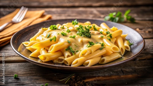 Close-up of creamy, golden, melted cheese pulled apart, entwined with al dente penne tubular pasta, on a clean, rustic, wooden textured background, copy space available. photo