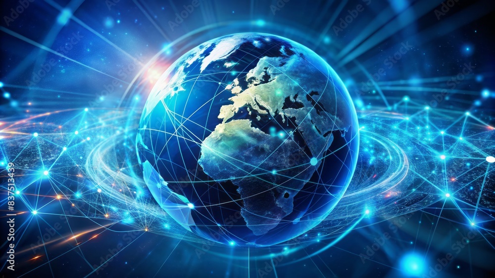 Vibrant blue futuristic background featuring a glowing 3d map of planet earth, surrounded by swirling lines and nodes, symbolizing global connectivity and technological advancements. Vibrant blue futuristic background featuring a glowing 3d map of planet earth, surrounded by swirling lines and nodes, symbolizing global connectivity and technological advancements.