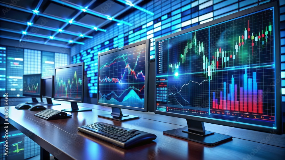 High-tech futuristic background with 3d graph charts and stock market data displays on a digital screen, surrounded by sleek black computer hardware components. High-tech futuristic background with 3d graph charts and stock market data displays on a digital screen, surrounded by sleek black computer hardware components.