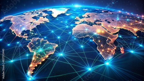 Illuminated america-centric digital world map visualizes rapid global network connectivity, big data transfer, and cyber technology information exchange through vibrant lines and pulses of light.