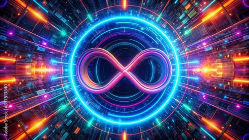 Futuristic abstract symbol of infinite loop surrounded by vibrant neon lights, swirling patterns, and mesmerizing digital art elements in a dark background. photo