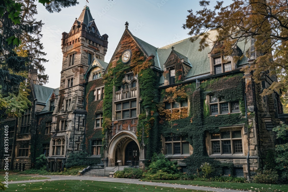 Obraz premium Old, ivy-covered university building with gothic architecture and a clock tower generated by AI