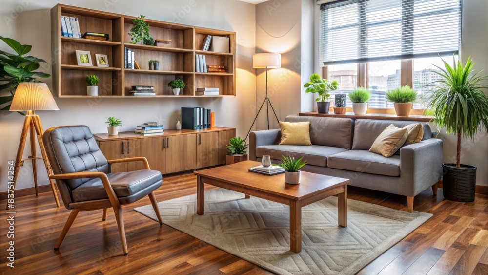 A calm and organized office space with a couch, chair, and desk, featuring various psychotherapy tools and books, conveying a sense of professionalism. A calm and organized office space with a couch, chair, and desk, featuring various psychotherapy tools and books, conveying a sense of professionalism.