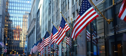 United States of America flags on city building wall. Democracy freedom patriotism country concept. Generative AI technology. 