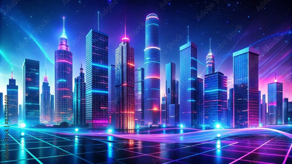 Futuristic cityscape with sleek skyscrapers, neon lights, and shimmering led grids, set against a vibrant, swirling abstract background of blues and purples. Futuristic cityscape with sleek skyscrapers, neon lights, and shimmering led grids, set against a vibrant, swirling abstract background of blues and purples.