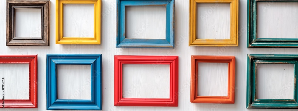 Minimalistic photo of creatively arranged empty frames on a bright white background. The simple and clean design is bright and cheerful, perfect for modern decor and art displays. Minimalistic photo of creatively arranged empty frames on a bright white background. The simple and clean design is bright and cheerful, perfect for modern decor and art displays.