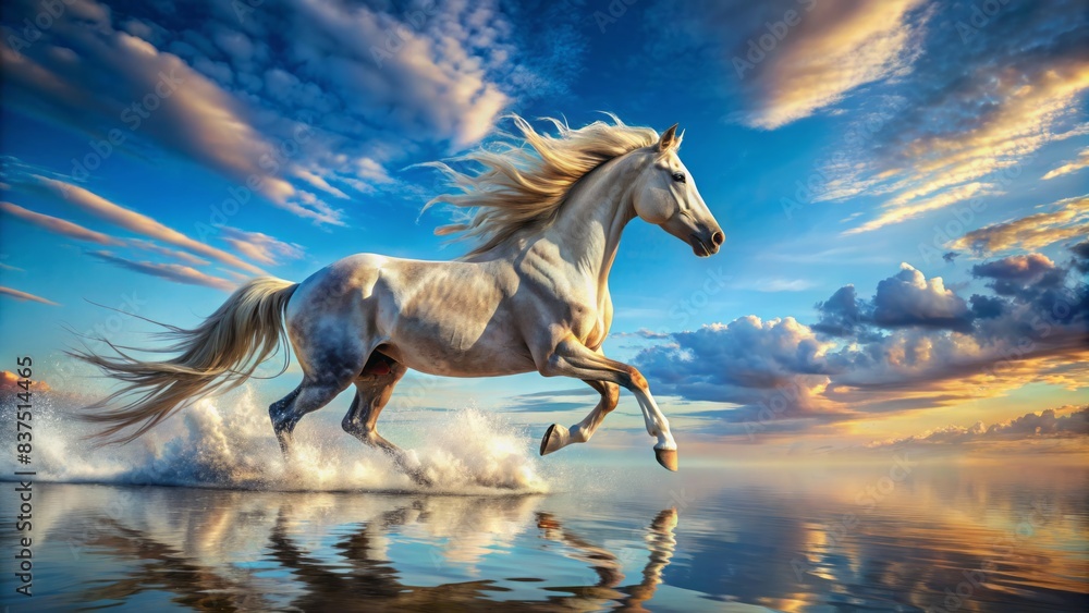 A majestic horse, intricately drawn in a whimsical style, gallops effortlessly across rippling water, its mane flowing in the wind, surrounded by serene blue skies. A majestic horse, intricately drawn in a whimsical style, gallops effortlessly across rippling water, its mane flowing in the wind, surrounded by serene blue skies.