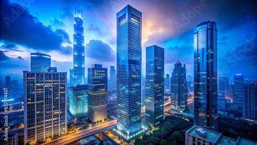 A majestic, sleek, and modern skyscraper radiates a vibrant, electric blue glow amidst a dark, misty, urban cityscape at dusk, with sleek, angular architecture.