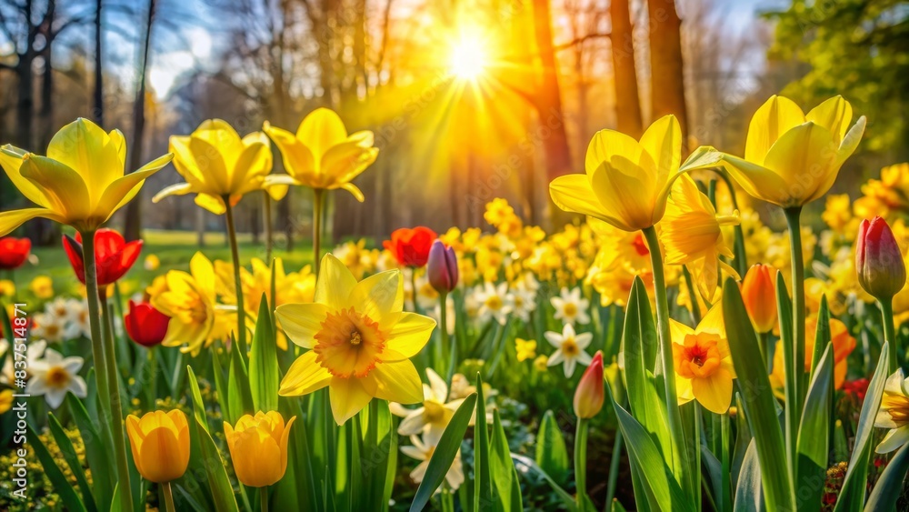 Vibrant yellow petals of daffodils and tulips sway gently amidst lush green foliage in a serene and idyllic sun-kissed garden setting. Vibrant yellow petals of daffodils and tulips sway gently amidst lush green foliage in a serene and idyllic sun-kissed garden setting.