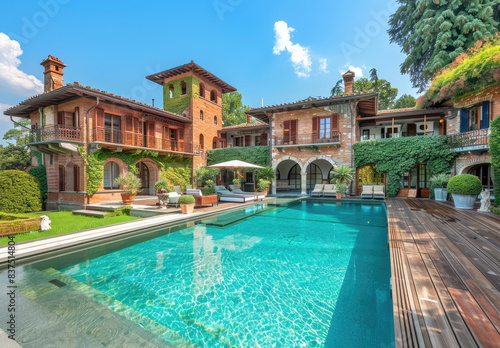 A large luxury home in Italy with an outdoor pool and wooden deck, surrounded by greenery and blue sky, overlooking the garden, pool, and house © Kien