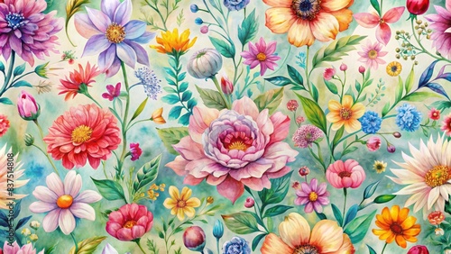 Vibrant watercolor floral seamless pattern featuring a kaleidoscope of colorful flowers, delicate petals, and intricate stems on a soft, dreamy background. photo
