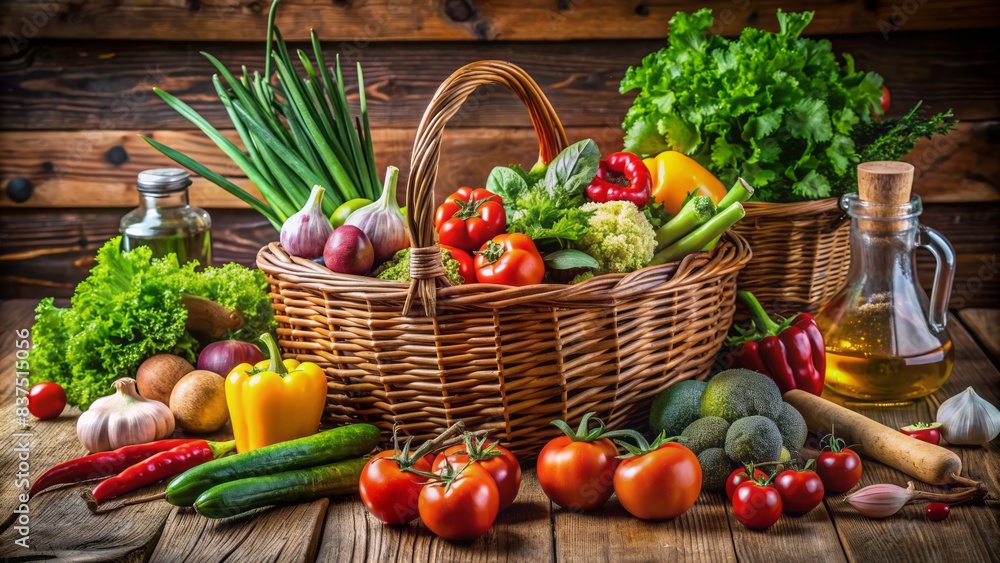Fresh vegetables overflowing from a wicker basket on a rustic wooden table, surrounded by artisanal utensils and a partially prepared healthy salad. Fresh vegetables overflowing from a wicker basket on a rustic wooden table, surrounded by artisanal utensils and a partially prepared healthy salad.