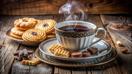 Richly detailed still life composition featuring a steaming cup of black coffee next to a delicate porcelain plate adorned with an assortment of sweet biscuits. photo