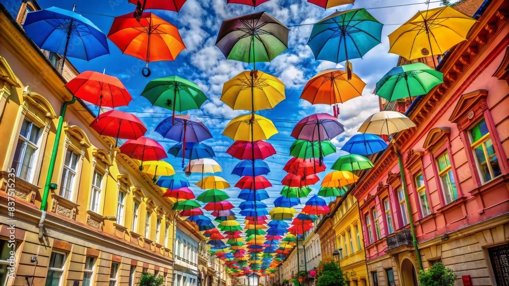 Vibrant multi-colored umbrellas suspended above a picturesque street in timisoara, romania, create a kaleidoscope of colors against a bright blue sky, evoking a sense of whimsy. Vibrant multi-colored umbrellas suspended above a picturesque street in timisoara, romania, create a kaleidoscope of colors against a bright blue sky, evoking a sense of whimsy.