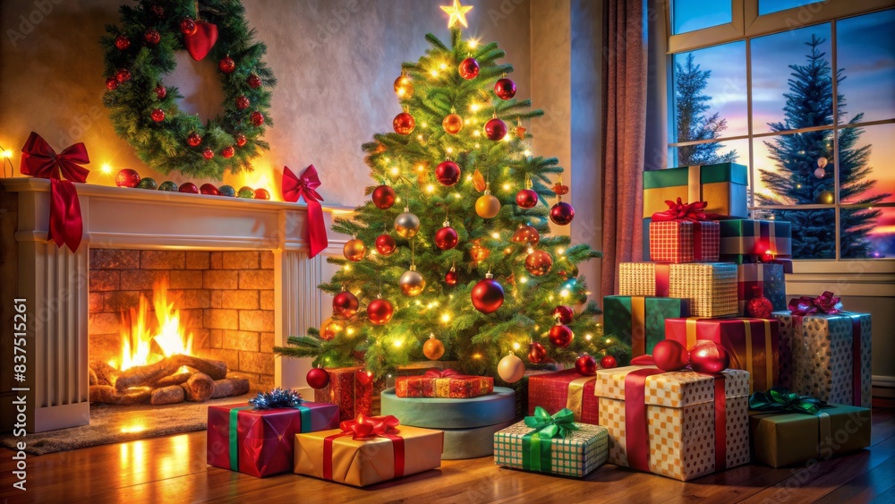 Vibrant illuminated christmas tree stands tall behind an inviting stack of colorfully wrapped gifts, adorned with festive bows, in a cozy living room setting. Vibrant illuminated christmas tree stands tall behind an inviting stack of colorfully wrapped gifts, adorned with festive bows, in a cozy living room setting.