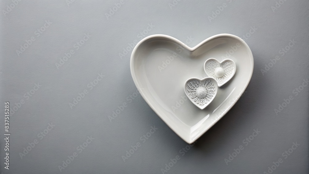 Isolated overhead view of a delicate white heart-shaped dish accompanied by two matching ornaments on a clean, minimalist grey background, conveying love and romance. Isolated overhead view of a delicate white heart-shaped dish accompanied by two matching ornaments on a clean, minimalist grey background, conveying love and romance.