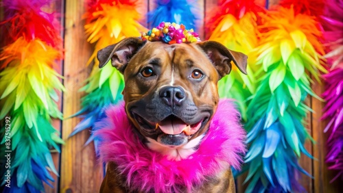 A festive staffordshire bull terrier poses in front of vibrant party decorations, adorned with a feather boa and heart-shaped headband, exuding playful elegance. photo