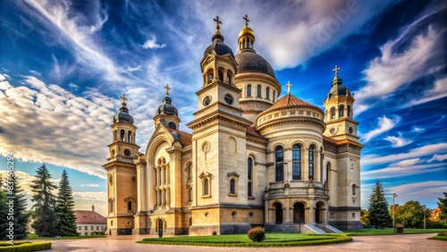 Majestic baroque-style dormition of the theotokos cathedral in cluj-napoca, romania, boasts intricate stone carvings, ornate facades, and stunning architectural details. photo