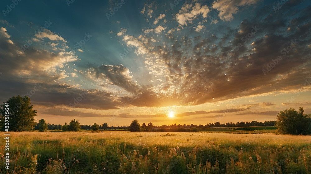Beautiful natural panoramic countryside landscape. Blooming wild high grass in nature at sunset warm summer. Pastoral scenery. Selective focusing on the foreground