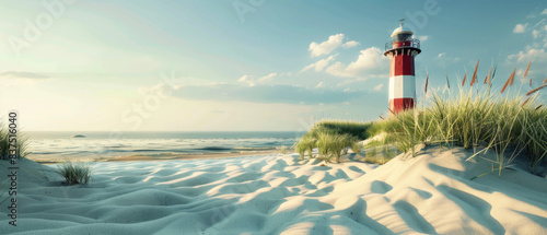 A red and white lighthouse stands on the sandy beach of Sylt, surrounded by sand dunes with green grasses