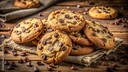 Warm and inviting still life of freshly baked chocolate chip cookies scattered with crumbs and chips on a rustic wooden table surface.