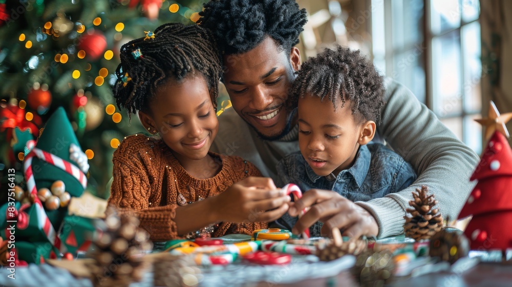 a family making crafts and decorations for a holiday, all smiling and creative