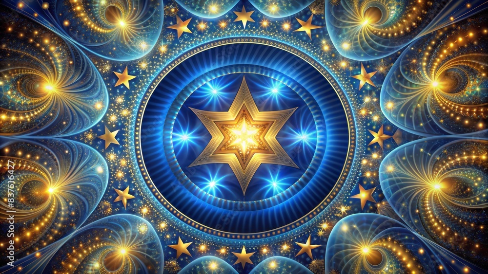 Vibrant blue and gold star spiral design dominates the center, surrounded by subtle gradient hues, evoking a sense of celestial wonder and cosmic majesty. Vibrant blue and gold star spiral design dominates the center, surrounded by subtle gradient hues, evoking a sense of celestial wonder and cosmic majesty.