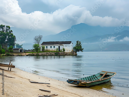 The white house on the shore of Dang Lake in southern China. There is an old boat at its edge and some wooden boats have just landed on the sandy beach photo