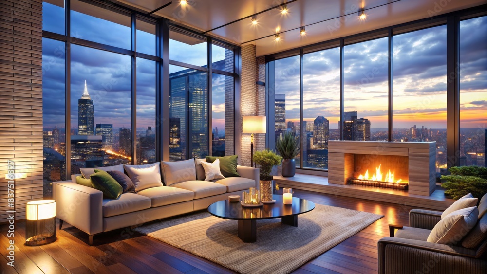 Modern urban oasis features a plush sofa, flickering candlelight, and a crackling fireplace, set against a breathtaking evening cityscape viewed through expansive windows. Modern urban oasis features a plush sofa, flickering candlelight, and a crackling fireplace, set against a breathtaking evening cityscape viewed through expansive windows.