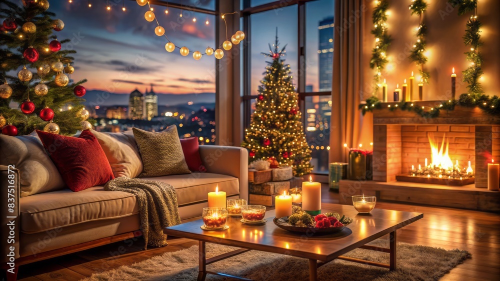 Warm and inviting evening scene featuring a festively decorated living room with a crackling fireplace, blurred candles, and a cozy sofa set against a stunning cityscape backdrop. Warm and inviting evening scene featuring a festively decorated living room with a crackling fireplace, blurred candles, and a cozy sofa set against a stunning cityscape backdrop.