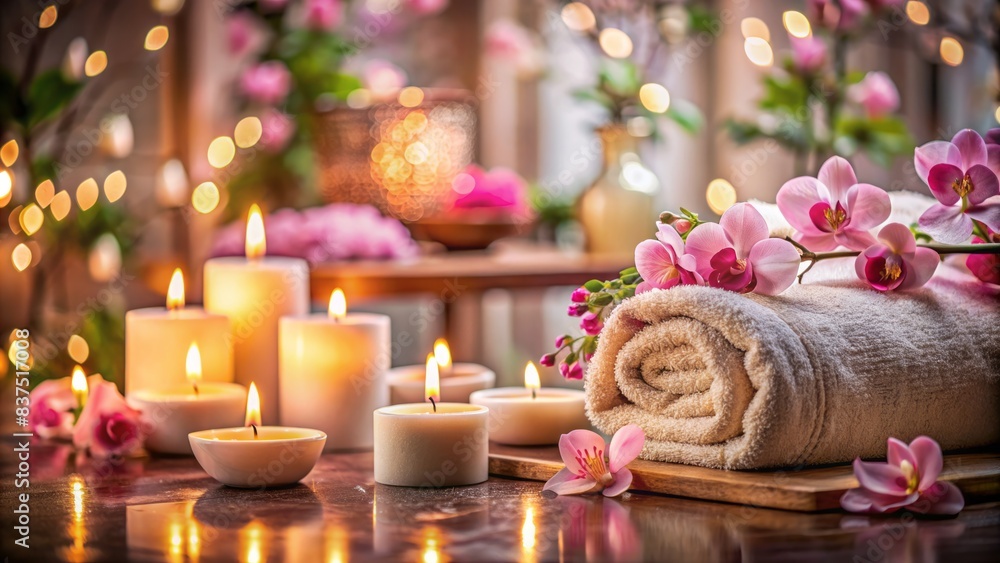 Soothing ambiance of a luxurious spa salon with blurred pink flowers, soft candlelight, and comforting aromas, creating a tranquil retreat for ultimate relaxation. Soothing ambiance of a luxurious spa salon with blurred pink flowers, soft candlelight, and comforting aromas, creating a tranquil retreat for ultimate relaxation.