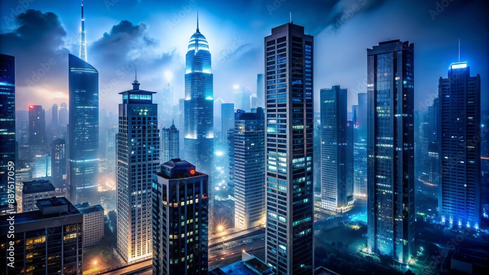 Obraz premium Urban nighttime cityscape featuring sleek skyscrapers with blurred windows, vibrant lights, and a dark blue misty atmosphere, devoid of human presence.