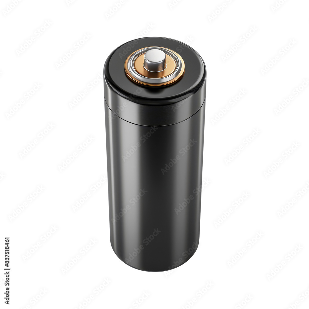 Close-up of a single black cylindrical battery isolated on a transparent background, showcasing its metal top and design. Close-up of a single black cylindrical battery isolated on a transparent background, showcasing its metal top and design.