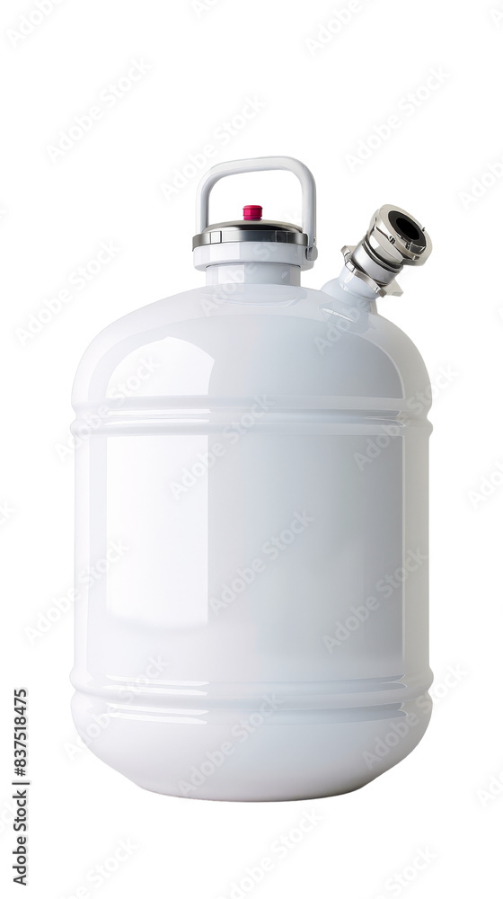Close-up of an empty white steel keg with a handle and a spout, perfect for brewing and transporting liquids in various industries. Close-up of an empty white steel keg with a handle and a spout, perfect for brewing and transporting liquids in various industries.
